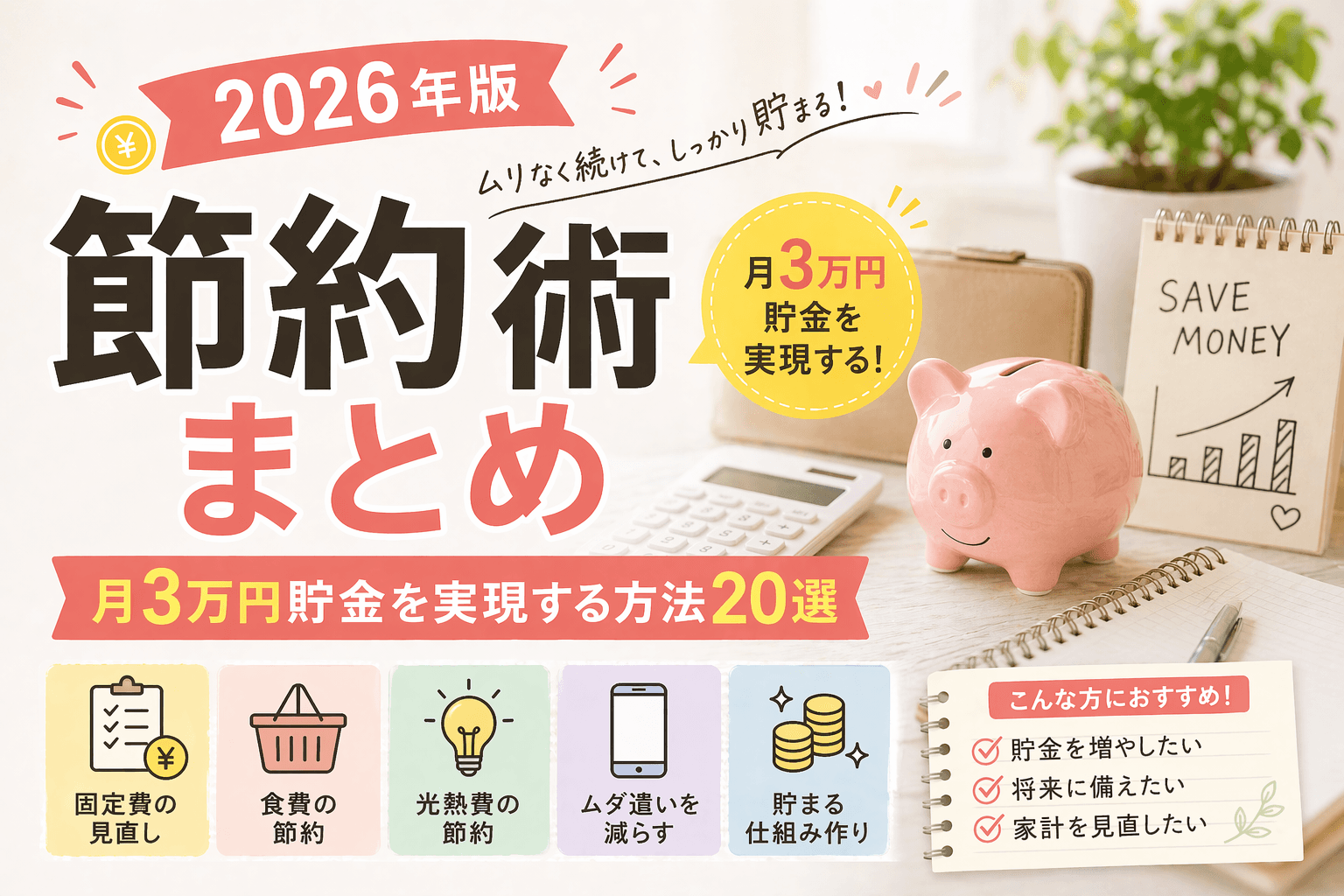 節約術まとめ2026年版|月3万円貯金を実現する方法20選