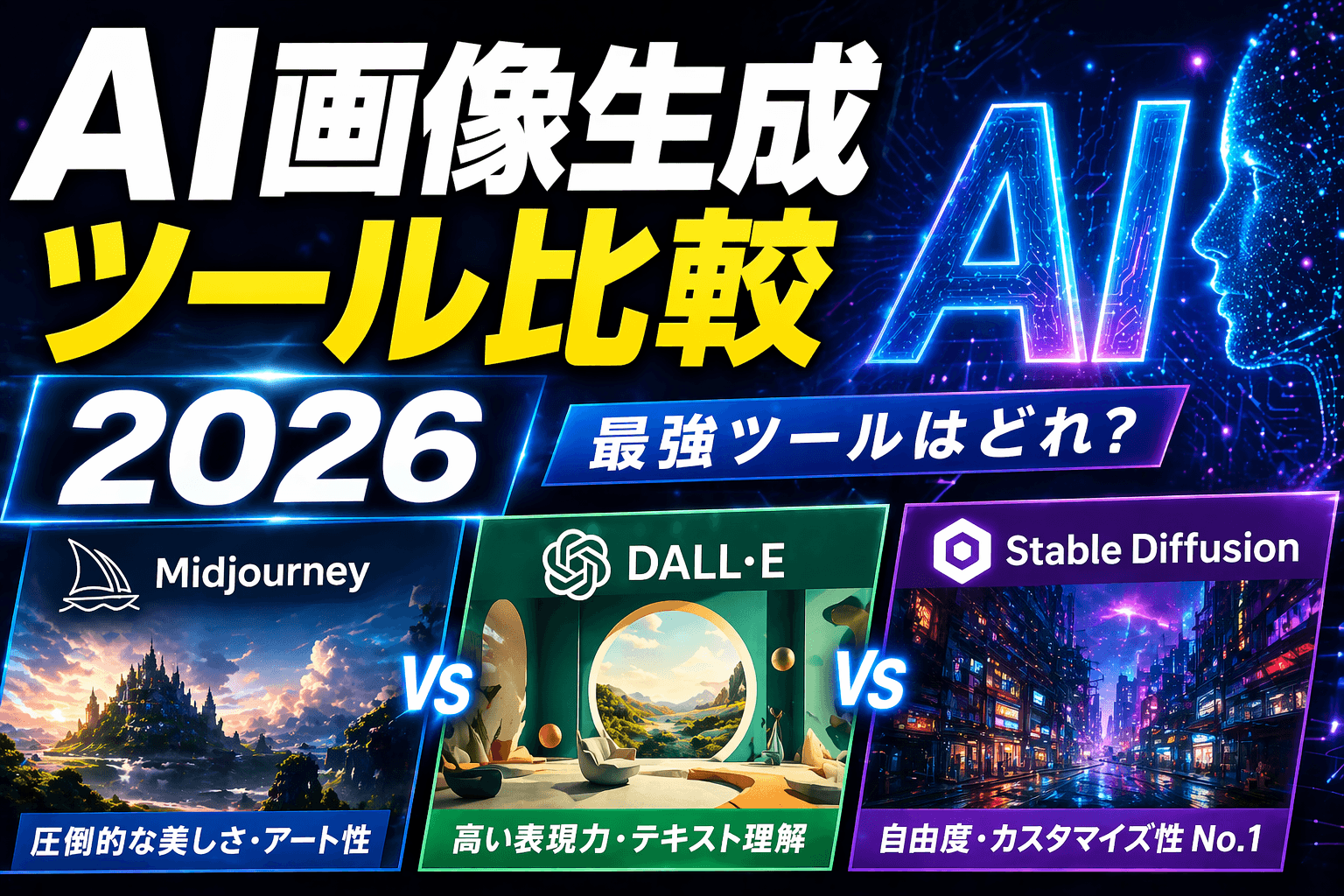 AI画像生成ツール比較2026|Midjourney・DALL-E・Stable Diffusion