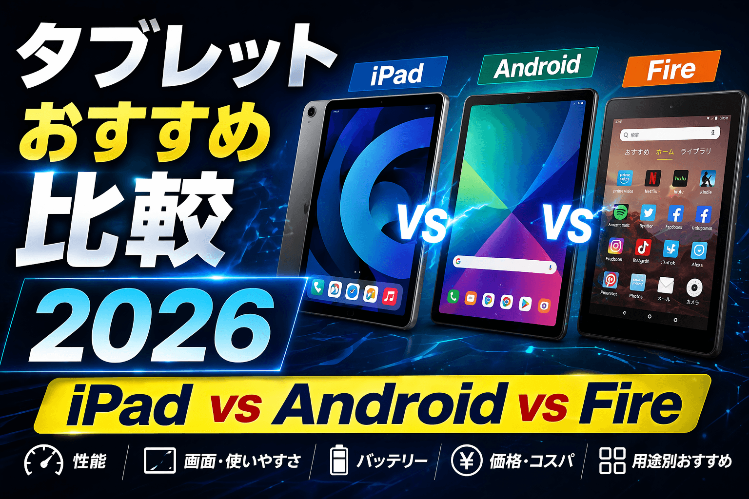 タブレットおすすめ比較2026|iPad vs Android vs Fireを徹底解説